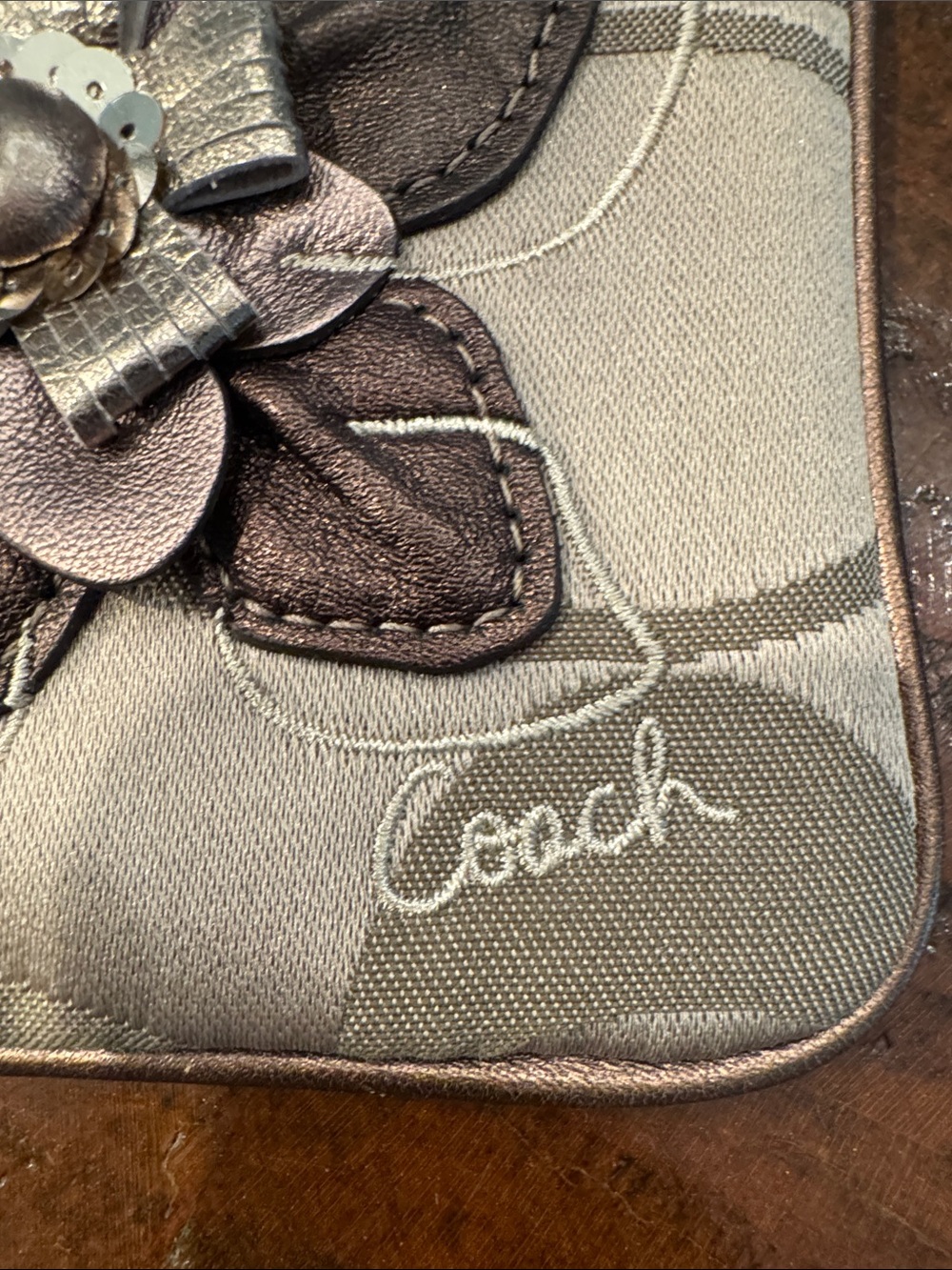 Coach Beige & Brown Floral Appliqué Wristlet - Picture 2 of 8